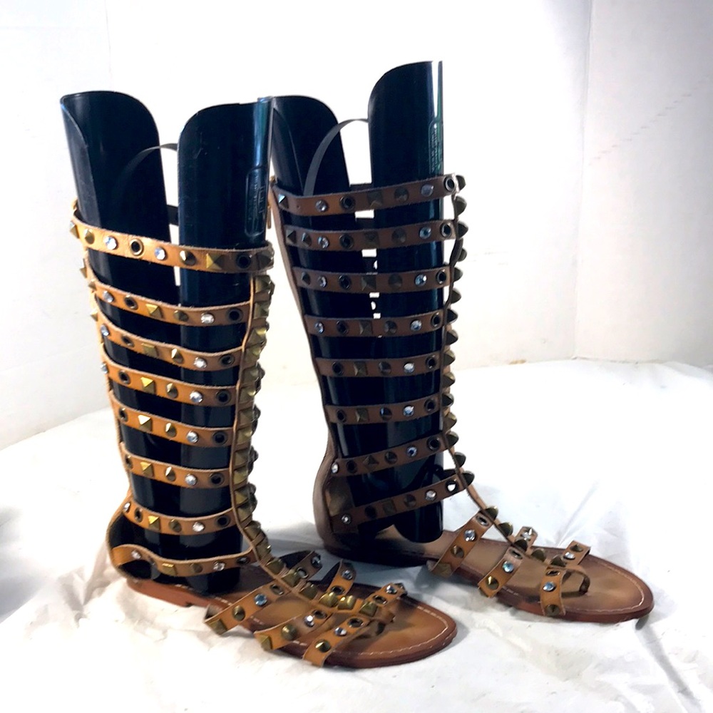Aldo Women’s Brass & Rhinestone Studded Tan Leather 10” Thong Gladiator Sandals